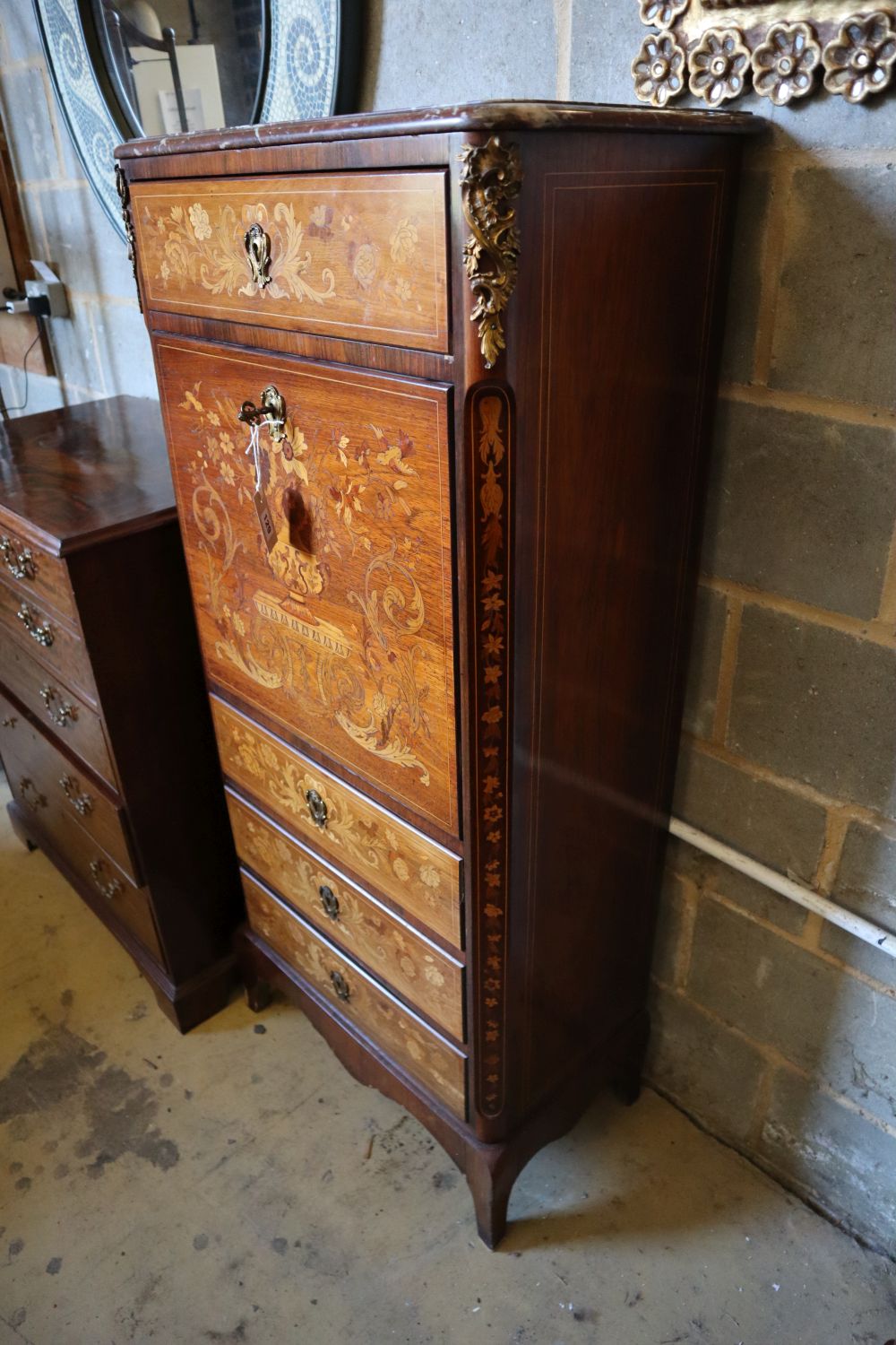 An early 20th century French marquetry inlaid rosewood secretaire chest with marble top, width 64cm, depth 37cm, height 142cm